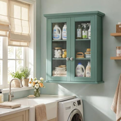 Over The Toilet Storage Cabinet, Bathroom Cabinet Wall Mounted with Built-in Level, Medicine Cabinet with Fluted Glass Doors, Wall Cabinet for Bathroom, Kitchen, Laundry Room, Halcyon Green - color: Halcyon Green
