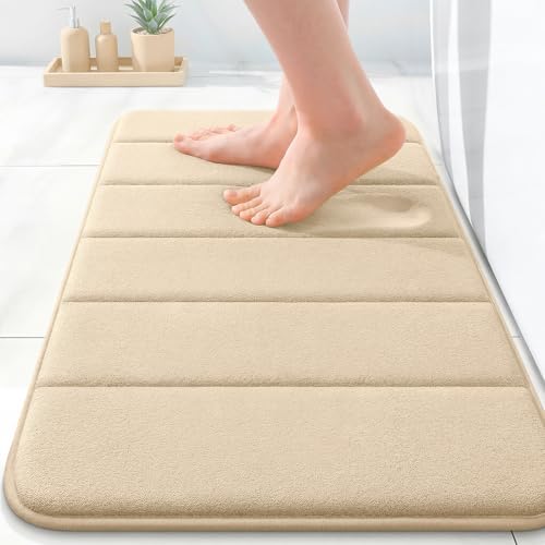 OLANLY Memory Foam Bath Mat 35x16, Super Soft Absorbent Bathroom Rugs, Quick Dry, Machine Washable Shower Floor Rugs, Bathmat Carpet, Bathroom Home Decor Accessories, Beige - color: Beige, size: 35" X 16"