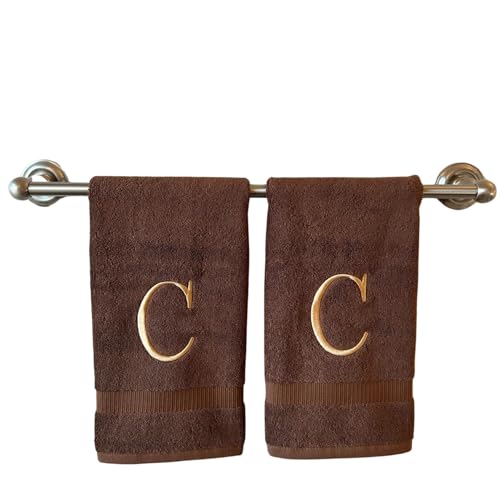 Brown with Beige Monogrammed Hand Towels for Bathroom - Set of 2 Letter C | Luxury Hotel Quality Initial Towels For Powder Room, Spa, GOTS Organic Certified - color: Brown With Beige, size: Initial C