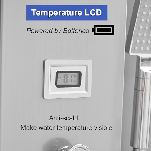 6 IN 1 Shower Panel Tower System Stainless Steel Wall Mounted | Rainfall Waterfall Shower Head,Two Mode Body Jets,Waterfall Tub Spout,with Temperature Display,Brushed Nickel and Chrome - color: Brushed Nickel and Chrome