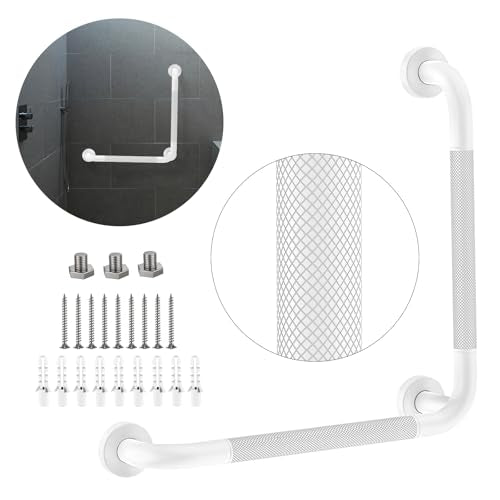 Angled Grab Bar - 16x16 Inch Stainless Steel Knurled Toilet Handles Wall Mounted Bathroom Handicap Safety Rails for Elderly Injured Balance Support, L-Shaped White Grab Bar for Shower | White Bathroom Grab Bar for Senior Elderly, Stainless Steel Handicap