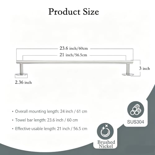 Brushed Nickel 24 Inch Self Adhesive Towel Bar for Bathroom &Shower - color: Brushed Nickel, size: 23.6 Inch