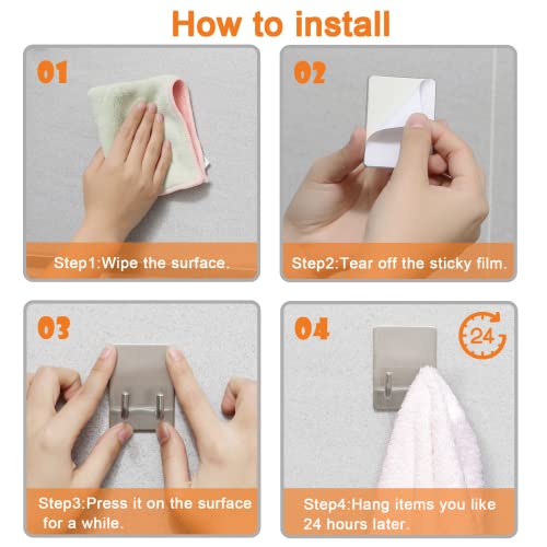 Adhesive Hooks, Stick on Stainless Steel Towel Robe Razor Wall Hooks for Bathroom Kitchen, Sticky Heavy Duty Durable Shower Hangers for Hanging Hat Coat Key 4-Pack (Silver) - color: Silver