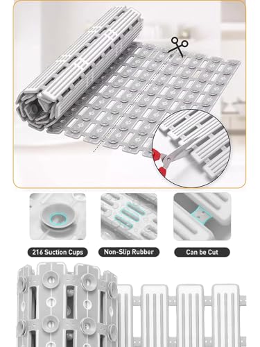 Bath Tub Shower Mat, 31 x 20 Inch, TPE Machine Washable Bathtub Floor Liner Bathroom Non-Slip Mats, Suction Cups and Drain Holes, Easy to Cut