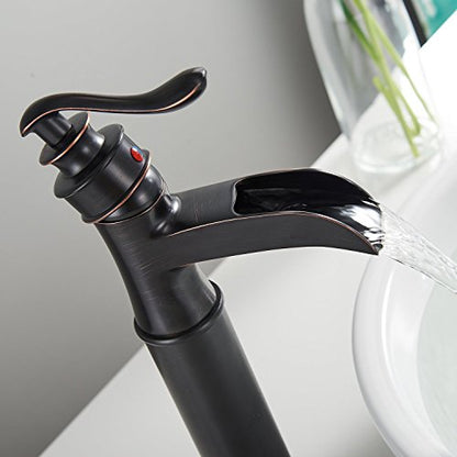 Oil Rubbed Bronze Waterfall Bathroom Sink Faucet Single Handle | Single-Hole Vessel Sink Faucet Deck Mount,with Pop Up Drain & Supply Lines,Drip-free Ceramic Cartridge,Farmhouse & Commercial - color: Oil Rubbed Bronze