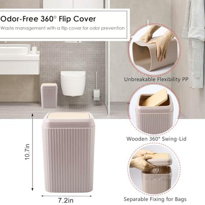 Beige Bathroom Accessories Set, 10 Pieces Bamboo Bathroom Set with Trash Can, Tray, Soap Dispenser, Soap Dish, Toothbrush Holder, Toothbrush Cup, Tissue Holder, Toilet Brush and Qtip Holders