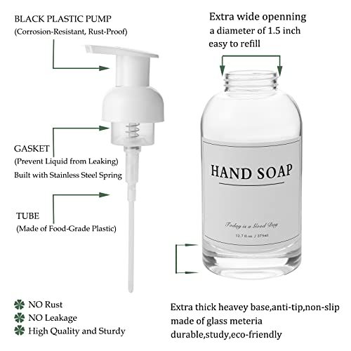 2 Pack Foaming Soap Dispenser, 12.7 Oz Thick Glass Pump, Clear White | Refillable Foam Soap Bottles for Hand Soap and Body Wash, Ideal for Bathroom Countertop, Kitchen Sink and More - color: White