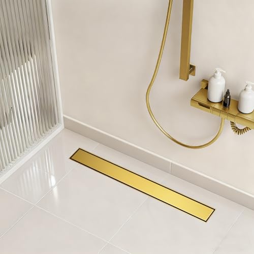 Linear Shower Drain - 28 Inch Brushed Gold, with Tile Insert Panels | AISI 304 Stainless Steel Shower Drain with Adjustable Feet, Hair Catcher, Rectangle Shower Floor Drain Fits Bathroom, Balcony - color: Brushed Gold, size: 28 Inch