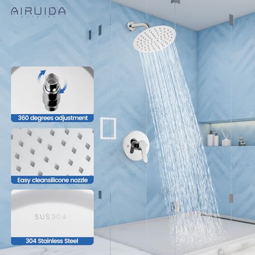 Airuida Shower Faucet Set,8 Inch Chrome Polish Shower Trim Kit | Round Rainfall Shower Head,Single Handle,Male Threads Rough-in Valve,Wall Mount Bathroom System - color: Chrome, size: 8 Inch