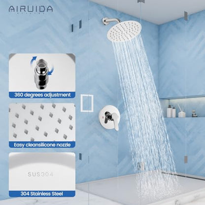 Airuida Shower Faucet Set,8 Inch Chrome Polish Shower Trim Kit | Round Rainfall Shower Head,Single Handle,Male Threads Rough-in Valve,Wall Mount Bathroom System - color: Chrome, size: 8 Inch