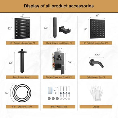 VANFOXLE Shower Faucet Set Matte Black Shower System, Push Button Diverter | 12 Inch Ceiling Mount Rain Head Increased Thick, 6 Inch Wall Mount Head, 2-in-1 Handheld Sprayer, Solid Brass Valve, Modern - color: Matte Black, style: 12"+6" Head