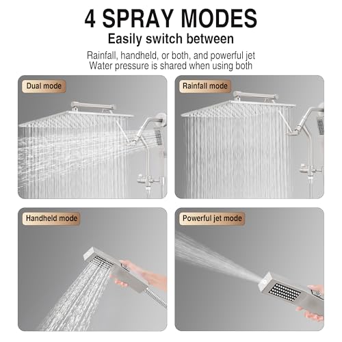 All Metal 12 Inch Rain Shower Head with Handheld Built-in Power Wash Mode, High Pressure Waterfall Rainfall Square Shower Heads with 16" Adjustable Extension Arm, Dual Showerhead(Brushed Nickel) - color: Brushed Nickel, size: 12 Inch