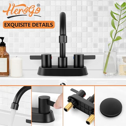 Herogo 2-Handle Centerset Bathroom Faucet Matte Black, Stainless Steel Vanity Sink Faucet 2-3 Hole with Drain Assembly, 360 Swivel Spout and Supply Hose for Farmhouse RV - color: Matte Black, style: Square Handles