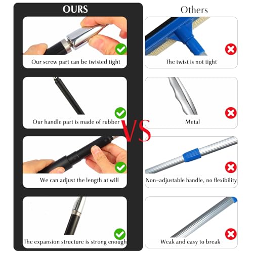 Shower Squeegee with Long Handle – Includes Replacement Silicone Blade, Extendable 13" to 48", 14" Wide for Glass, Mirrors, Windows, Bathroom Tiles & Walls, Telescopic Wiper with Hooks (Black)