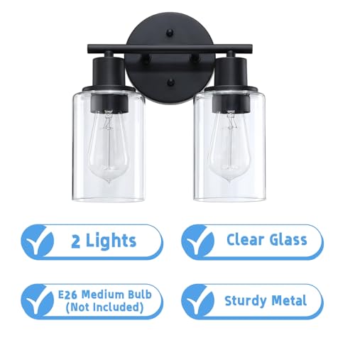 WISBEAM 2-Light Bathroom Vanity Light, Black Bathroom Light Fixtures with Clear Glass Shade Including E26 Medium Base, Bulb NOT Included, Vanity Light Over Mirror - color: Black, size: VNT003