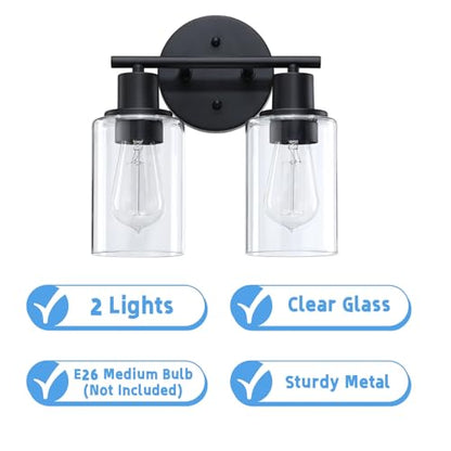 WISBEAM 2-Light Bathroom Vanity Light, Black Bathroom Light Fixtures with Clear Glass Shade Including E26 Medium Base, Bulb NOT Included, Vanity Light Over Mirror - color: Black, size: VNT003