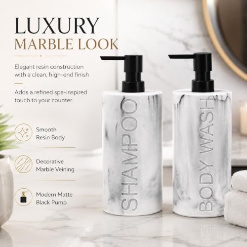Marble Resin 2 Piece Shampoo and Body Wash Dispenser Set, Luxurious Refillable Pump Bottles with Matte Pump Top and Embossed Text, Durable Design for Bathroom and Shower - color: 2pack Marble Shampoo and Body Wash Set