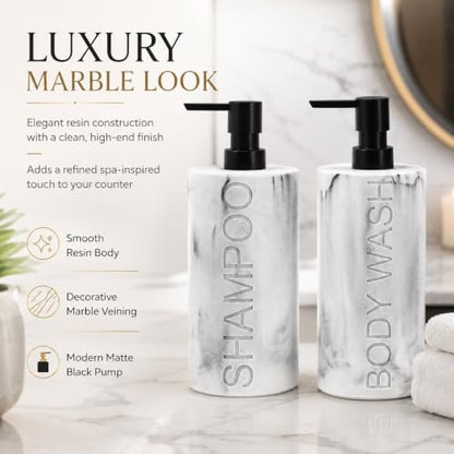 Marble Resin 2 Piece Shampoo and Body Wash Dispenser Set, Luxurious Refillable Pump Bottles with Matte Pump Top and Embossed Text, Durable Design for Bathroom and Shower - color: 2pack Marble Shampoo and Body Wash Set