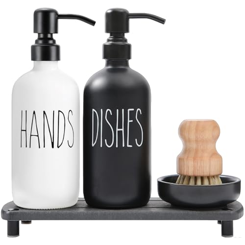 MOMEEMO Soap Dispenser for Kitchen Sink Comes with Stainless Pumps | Instant Dry Tray and Dish Scrub Brush, Suitable for Black and White Kitchen Decor - color: Black & White1