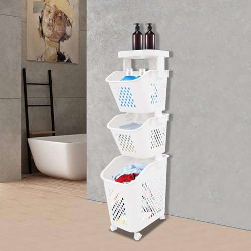 2/3/4-Layer Laundry Basket, Washing Storage Clothes Hamper w/Wheels, Narrow Vertical Rolling Laundry Cart, Bathroom Bedroom Clothes Storage Basket Cart for Towels, Blankets, for Hotel, Dorm (3-Tier) - size: 3-Tier