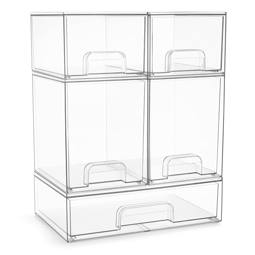 Sorbus Acrylic Storage Containers - 5 Pack, Stackable Storage Bins Set for Bathroom Organization - Clear Acrylic Drawer Organizers - Makeup Case Pull-Out Drawers (7.6’’ and 4.4’’ Tall and 12.1’’ Wide) - size: 5 Pack, Complete Set