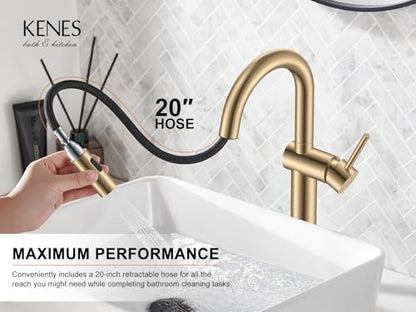 Champagne Bronze Pull Down Tall Vessel Sink Faucet 1 Hole 1 Handle | Vessel Bowl Faucet with Pop Up Drain & Supply Lines, Lead-Free cUPC & NSF Certified, 1 Hole Faucet for Vanity RV Restroom - color: Champagne Bronze, size: Tall