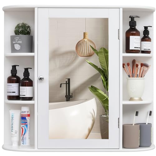 Iwell Bathroom Medicine Cabinet with Mirror, Bathroom Wall Cabinet with 2 Adjustable Shelves & 6 Open Shelves, Medicine Cabinet Organizer, Bathroom Cabinet Wall Mounted, White - color: White With Mirror