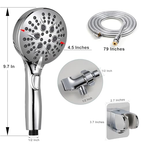 GwernKB Handheld Shower Head with ON OFF Switch & 79in Stainless Steel Hose | Built-in Power Spray,7-Setting High Pressure Spray with Bracket & Extra No Drilling Wall Shower Holder for Lower Mount,Silver - color: Silver