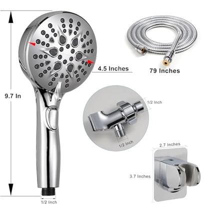GwernKB Handheld Shower Head with ON OFF Switch & 79in Stainless Steel Hose | Built-in Power Spray,7-Setting High Pressure Spray with Bracket & Extra No Drilling Wall Shower Holder for Lower Mount,Silver - color: Silver