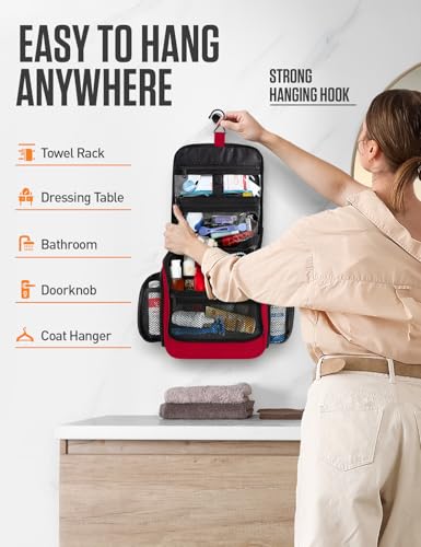VENTURE 4TH Hanging Travel Toiletry Bag, 18 Compartments - Red | Hangs on rails, hooks or doors; stands upright. Removable TSA pouch. Water-resistant Nylon 290D Twill, reinforced stitching. - color: Red