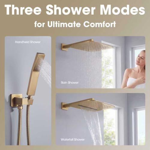 TRUSTMI 10" Shower System with Thermostatic Valve, Rainfall, Brushed Gold | Solid brass system with push-button diverter for waterfall and handheld spray. Anti-scald safety lock protects the family - color: Brushed Gold