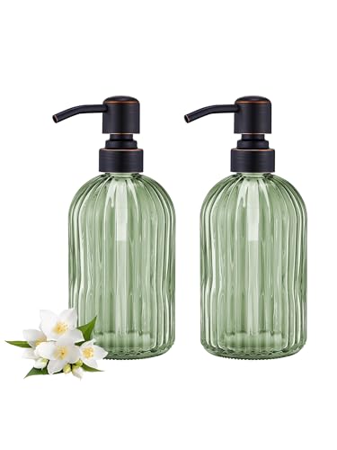 16Oz Green Glass Soap Dispenser with Rust Proof Bronze Stainless Steel Pump, Green Countertop Refillable Liquid Lotion Dispensers with Stainless Steel Pump, Oil Rubbed Bronze Soap Dispenser,2 Packs - color: Oil Rubbed Bronze+ Green, size: 2-Pack