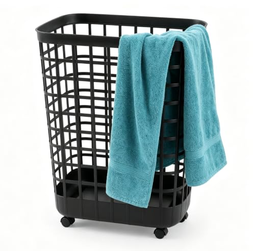 95L Large Plastic Laundry Hamper, Black, Slim Rectangular, Ventilated, Reinforced Handles,Tall Clothes Basket for Bathroom, Dorm, and Closet - size: 95L