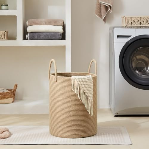 YOUDENOVA Cotton Laundry Hamper, 72L - Woven Collapsible Basket - Jute Brown | Woven Collapsible Laundry Basket, Clothes Hamper with Reinforced Handles in the Laundry Room, Bedroom, Bathroom - color: Jute Brown, size: 72L