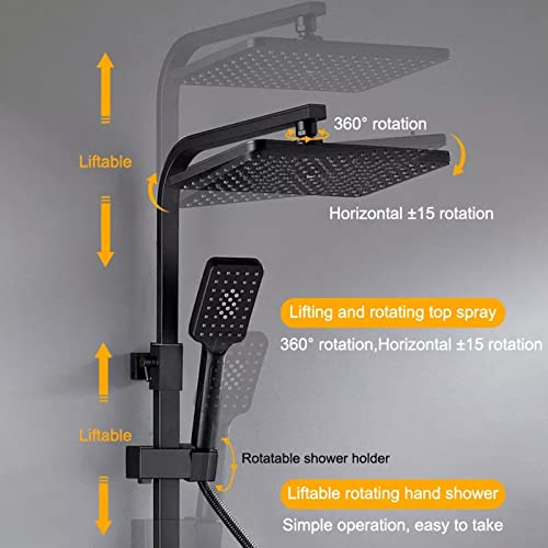 Thermostatic Shower Set Black Digital Display Rainfall Shower System, 4 Function Exposed Shower Faucet Set Brass Bathtub Faucet Wall Mounted Shower Fixture with Height Adjustable Shower Rod