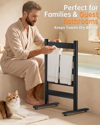 Towel Warmers for Bathroom, Space Aluminum Heated Towel Racks for Bathroom, with Built-in Timer&Temperature Adjustment, Freestanding Towel Heater，Black