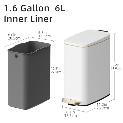 KSSKSS 1.6 Gallon/6L Small Bathroom Steel Step Trash Can, Soft-Close Lid & Fingerprint-Proof, Slim Wastebasket for Narrow Spaces (White) - color: White
