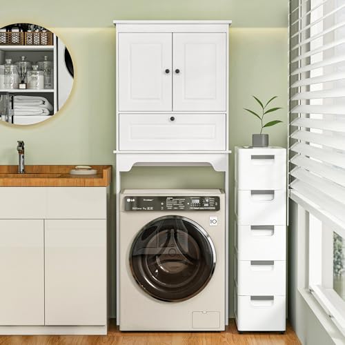 Over The Toilet Storage Cabinet, White | Over Toilet Bathroom Organizer, Freestanding Bathroom Cabinet Over Toilet with Double Doors and Adjustable Shelf