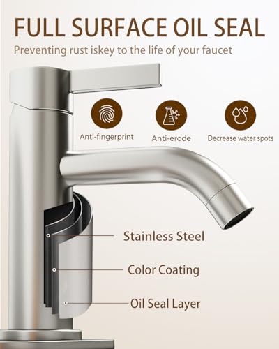Brushed Nickel Bathroom Faucet Single Hole with Pop-Up Bathroom Drain and Flexible Hoses Single Handle Bathroom Sink Faucet w/Deck Plate(1 or 3 Hole) for Vanity Sinks, RV, Farmhouse - color: Brushed Nickel