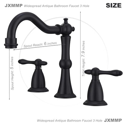 Matte Black Antique Bathroom Faucet 3 Hole, Widespread Sink Faucet with Pop Up Drain and cUPC Supply Hose, Modern 2 Handle Black Faucet for Bathroom Sink JXM3073BK - color: Matte Black