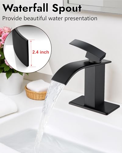 Midanya Waterfall Bathroom Faucet 1 Hole,Matte Black | with 24” Hoses,Pop Up Drain,6” Deck Plate,for 1 or 3 Hole Vanity,Lavatory,RV,Single Handle Bathroom Sink Faucet,NSF Certified - color: Black