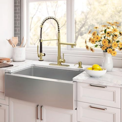 Fapully Commercial Kitchen Sink Faucet with Pull Down Sprayer Brushed Gold | Single Handle Faucets for Kitchen Sink, Kitchen Faucet with Soap Dispenser and Deck Plack for 4 Holes, 1.8GPM Water Flow - color: Brushed Gold, style: Contemporary