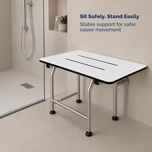 Wall Mounted Phenolic Folding Shower Seat with Legs - Handicap Shower Chair for Elderly & Disabled, Heavy Duty Bath Seat, ADA Compliant Foldable Bathroom Bench - 18" Length, White, 400 lbs Capacity | Handicap Shower Chair, Elderly & Disabled, Heavy Duty B