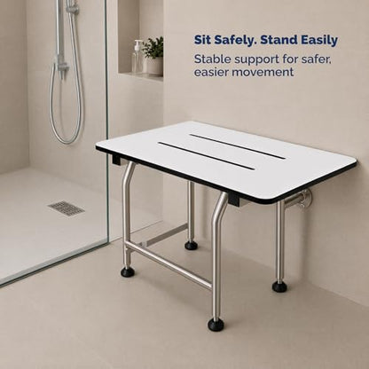 Wall Mounted Phenolic Folding Shower Seat with Legs - Handicap Shower Chair for Elderly & Disabled, Heavy Duty Bath Seat, ADA Compliant Foldable Bathroom Bench - 18" Length, White, 400 lbs Capacity | Handicap Shower Chair, Elderly & Disabled, Heavy Duty B
