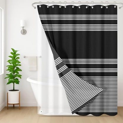 3 in 1 Shower Curtain and Liner,72 x 72 inch, Geometric Striped | Beige Brown Coffee Modern Double Layers Waterproof Fabric with See Through Top Window Open Grommet Bath Curtain - color: Striped Geometric Black