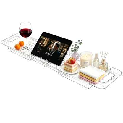 Expandable Bathtub Tray Caddy,Clear Acrylic Bath Tray for Tub,Bath Tub Table Tray with Book&Tablet&Phone Holder,Foldable Bath Shelf Over Tub,Bath Accessories&Bathtub Organizer for Luxury Home Spa