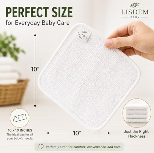 Bamboo Baby Washcloths, 6 Pack Soft & Absorbent Baby Wash Cloths for Newborns, Infants & Toddlers, Gentle Baby Face Towels for Bath Time, Feeding, Burping & Everyday Care, 10 x 10 Inches.