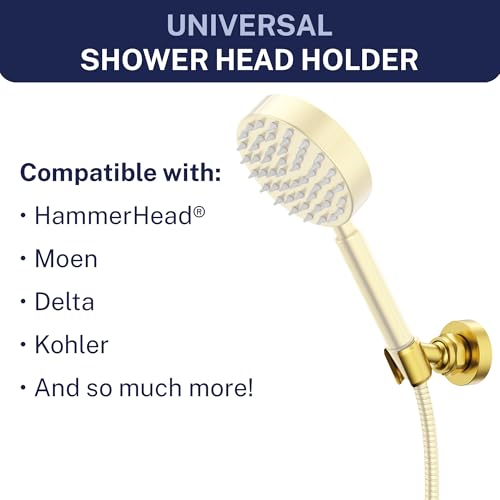 HammerHead Showers Solid Metal Handheld Showerhead Holder Wall Mount, Adjustable Screw-Mounted Pivot Ball, Shower Hose Holder, Fits Most Handheld Showerheads, Brushed Gold - style: Brushed Gold