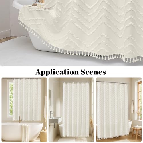 Small Boho Stall Shower Curtain, Beige Fabric Cloth Stall Shower Curtain 36 x 72 Half Size with Tassel Tufted Chevron Striped Textured Modern Farmhouse for Bathroom, Machine Washable - color: Beige, size: 36"W x 72"L (Pack of 1)