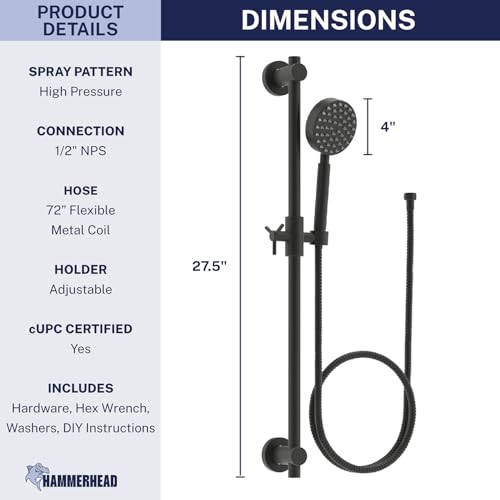 HammerHead Showers® SOLID METAL 27.5 Inch Shower Slide Bar Set and Handheld Shower Head with Hose — MATTE BLACK — 1.75 GPM Low Flow Spray Wand — Easily Adjust Height & Angle of Handshower - color: Matte Black, size: 1.75 GPM